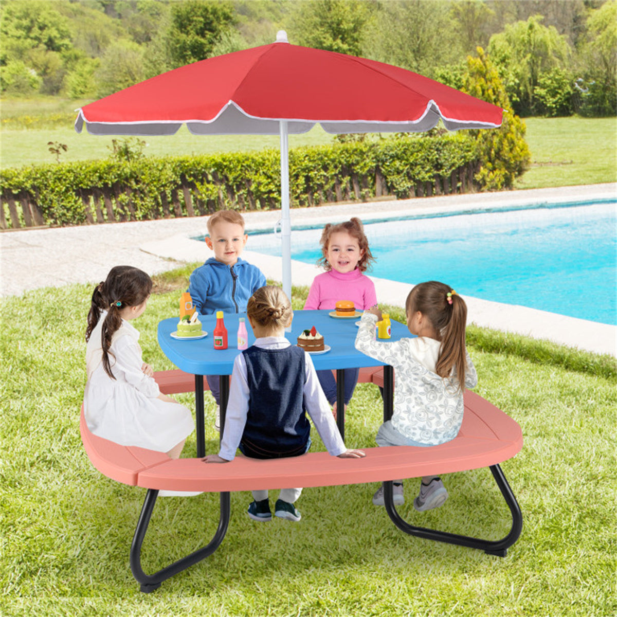 Kids Outdoor Picnic Table With Umbrella - Red