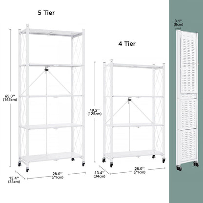5 Tier White Heavy Duty Foldable Metal Organizer Shelves with Wheels