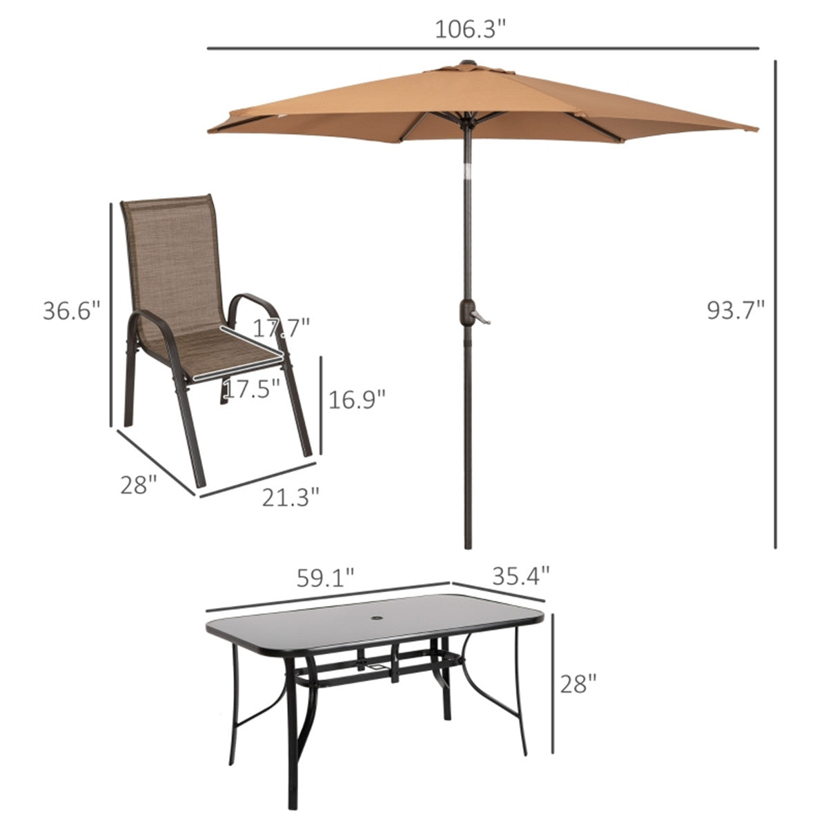 Outdoor dining table and chair package with umbrella