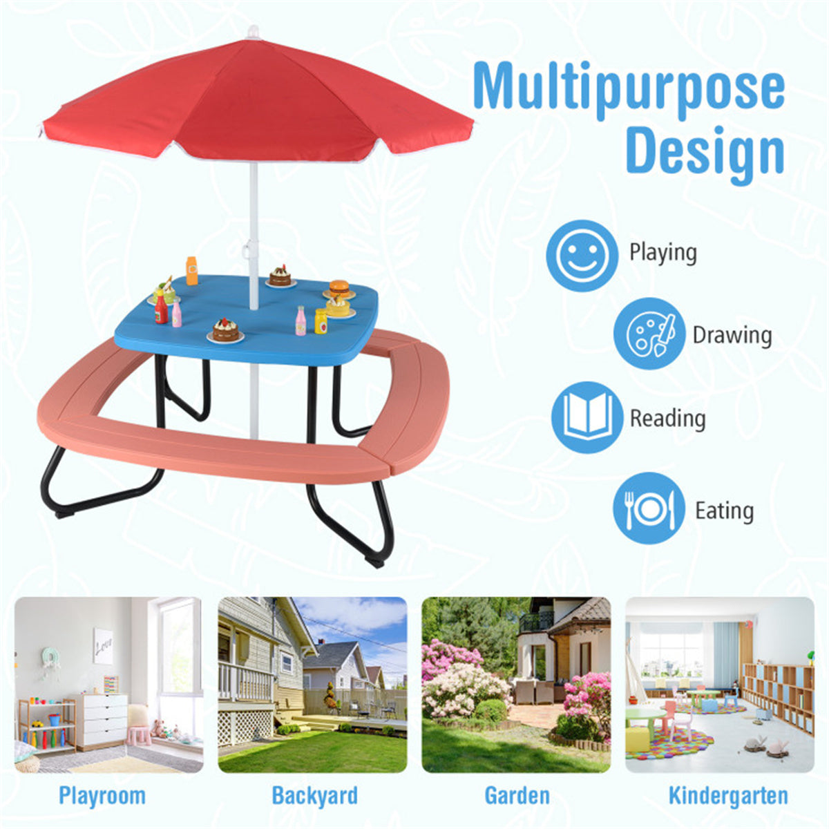 Kids Outdoor Picnic Table With Umbrella - Red