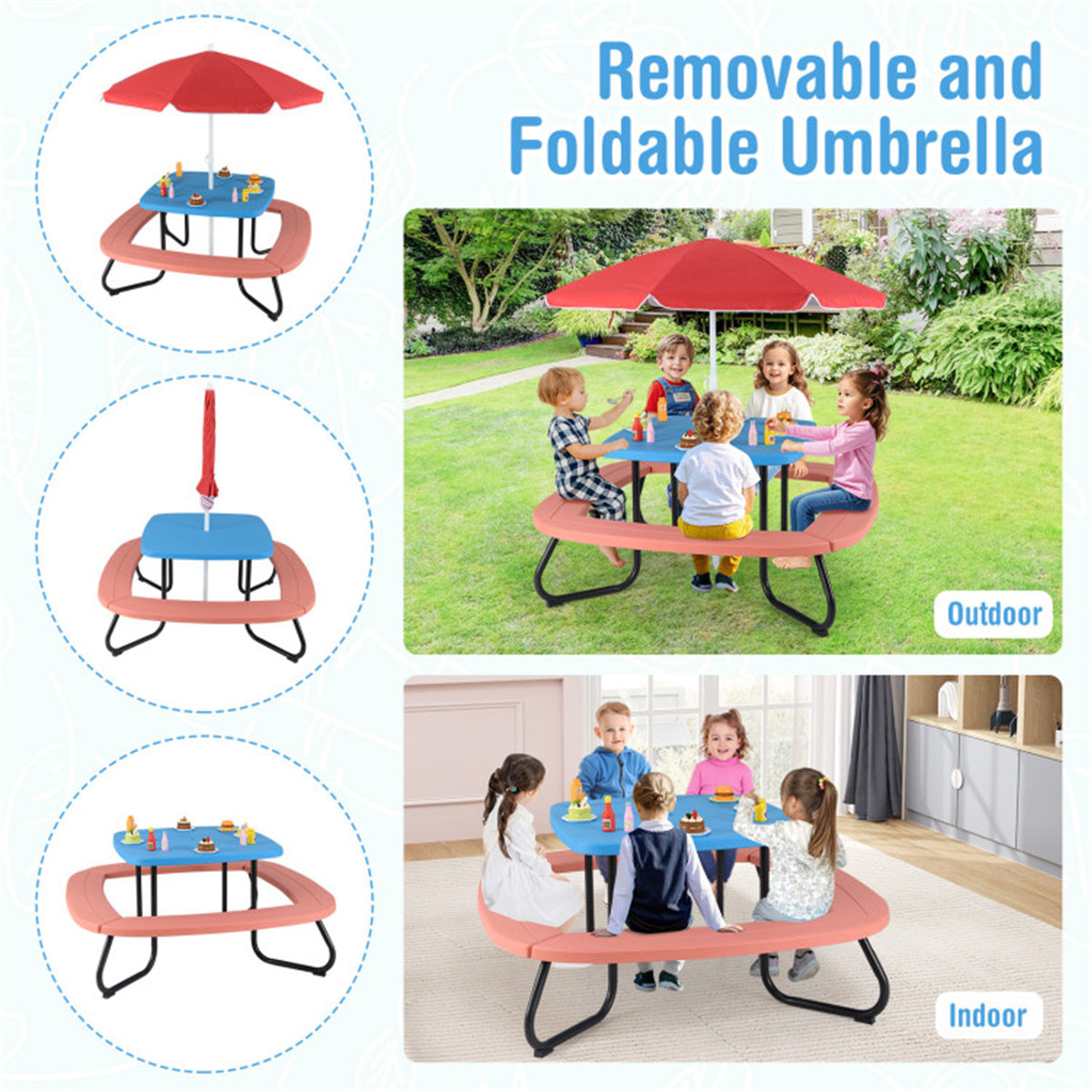 Kids Outdoor Picnic Table With Umbrella - Red