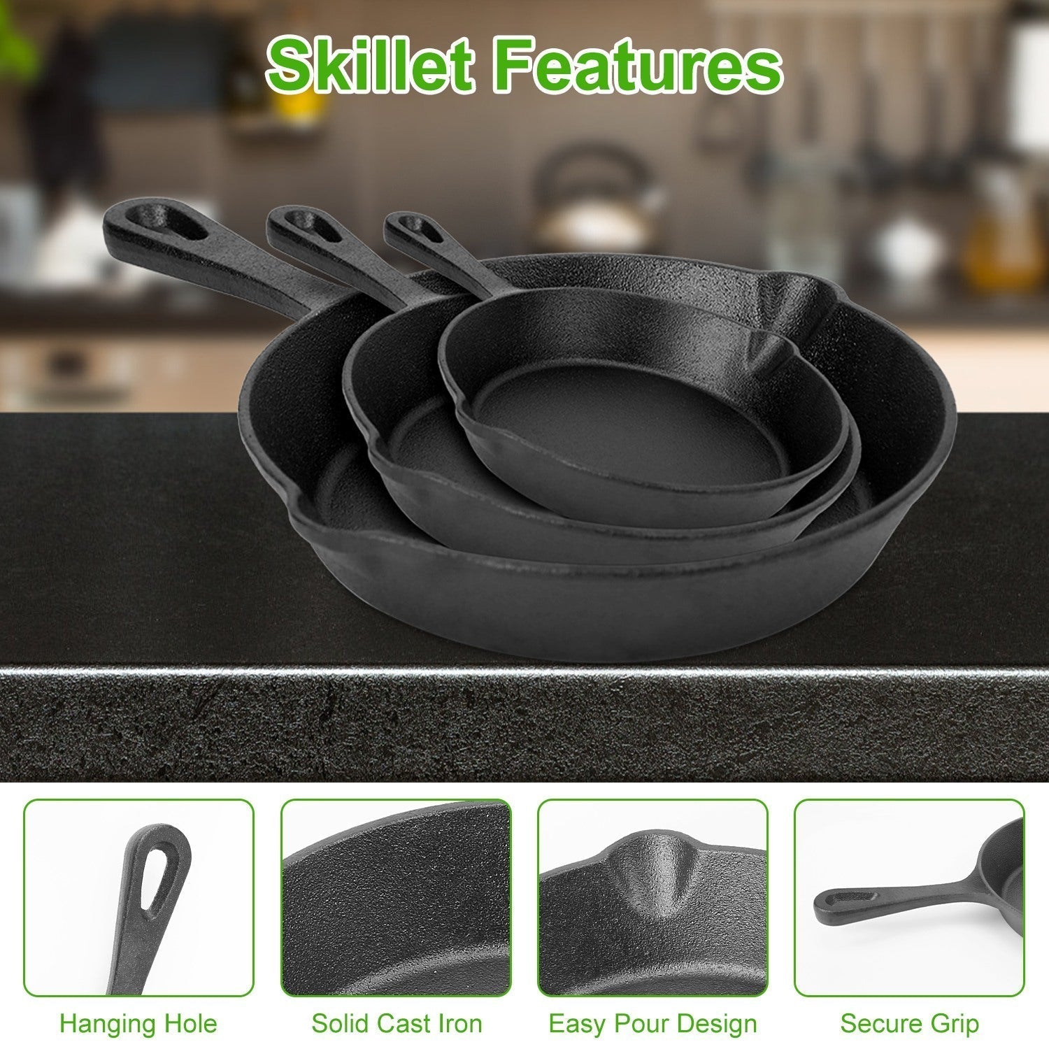 3pcs Pre-Seasoned Cast Iron Skillets